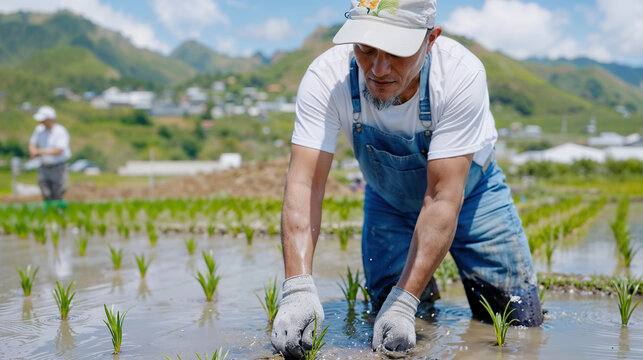 Man planting rice with mountainous backdrop. Generative AI image