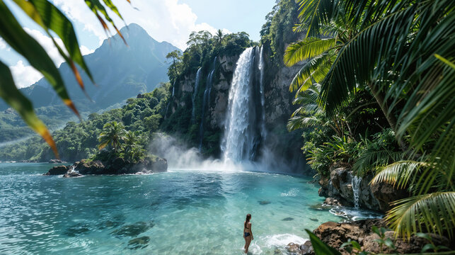 Back view of unrecognizable woman admiring tropical waterfall. Generative AI image