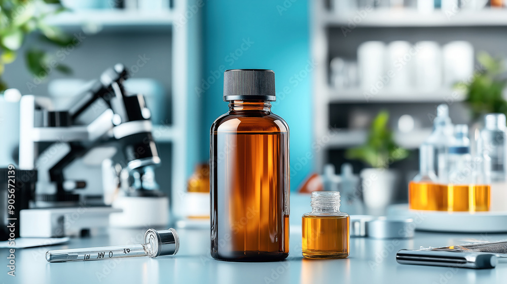 Sticker Laboratory setup with brown glass bottles, a pipette, and a microscope on a table, with shelves and equipment in the background.