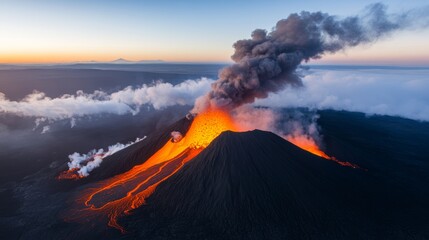 A dramatic volcanic landscape with lava fields, steam vents, and a distant smoking volcano, ultra HD