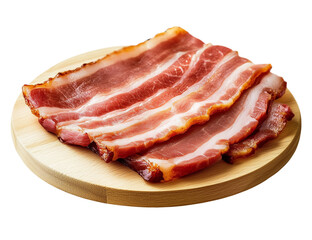 Conjunto de deliciosos bacon  defumado fatiado sobre uma t&aacute;bua de corte de madeira.