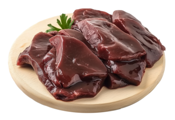 Bife de fígado cru fatiado em uma tábua de corte redonda, isoladas em fundo transparente.