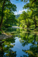 Tranquil River Amidst Lush Forests Reflecting Sky: A Serene Natural Landscape of Pure Wilderness