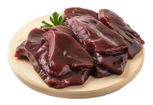 Bife de fígado cru fatiado em uma tábua de corte redonda, isoladas em fundo transparente.