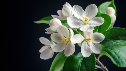 White Blossoms on a Branch Against a Black Background