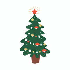 Christmas fir tree illustration. Xmas holiday Firtree with decoration. Vector isolated on white background