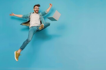 Full length portrait of a happy young man jumping with laptop computer isolated over blue background, Generative AI