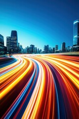 Fototapeta premium Vibrant city lights create dynamic trails along busy urban highways at dusk