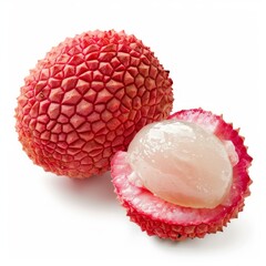 Medium shot of whole Lychee near the sliced piece of Lychee, isolated on a white background 