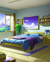 Interior of a bedroom with blue walls, wooden floor and purple bed