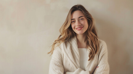 A joyful woman in casual fashion. Smiling young woman in a white shirt and jeans, exuding confidence and happiness. Isolated on a light background.