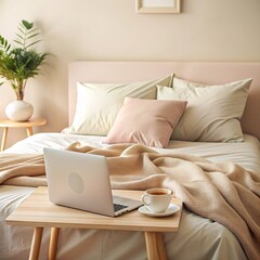 bedroom in pastel colors, soft light, laptop on the bed, beige soft blanket, cup of coffee on the bedside table