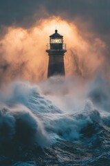 Lighthouse Against the Stormy Sky - A lighthouse stands resilient amidst turbulent waves and stormy skies, with dramatic clouds and a glowing beacon symbolizing hope. © jodoto