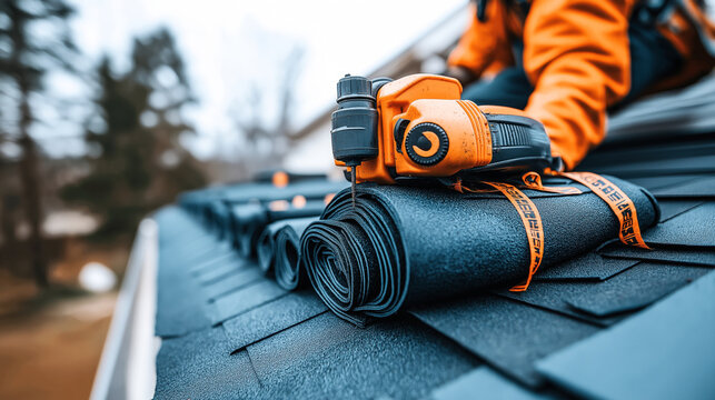 Close-up of a worker using a drill on roofing shingles, with roll of roofing material in the foreground, during construction or roof repair.