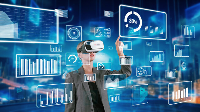 Woman selecting big data dynamic market percentage analysis graph by VR future global innovation interface digital infographic network technology visual hologram animation at server room. Contraption.