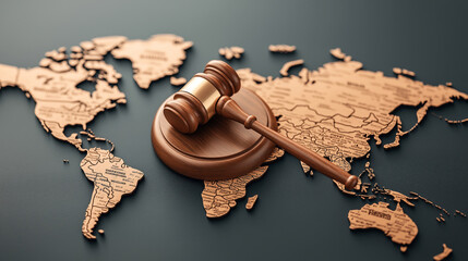Wooden gavel resting on wooden world map, symbolizing global law and justice