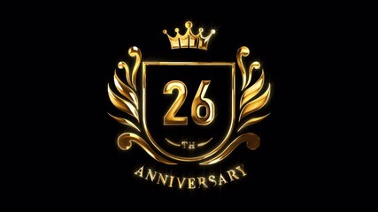 26th Anniversary Celebration. Happy 26 Years Anniversary Animation in Gold Color on the Transparent Background, Alpha Channel. Great for greetings, celebrations, events, and gifts.