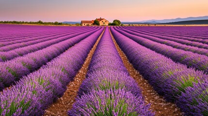 Obraz premium A picturesque lavender field with rows of blooming lavender, a clear sky, and a distant farmhouse, ultra HD
