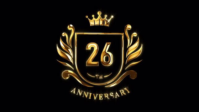 26th Anniversary Celebration. Happy 26 Years Anniversary Animation in Gold Color on the Transparent Background, Alpha Channel. Great for greetings, celebrations, events, and gifts.