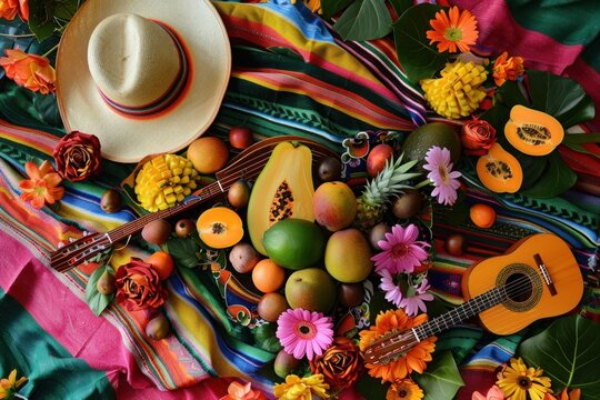 A Colorful Arrangement of Fruits, Flowers, and Musical Instruments on a Striped Blanket - Powered by Adobe