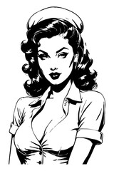 Black and white illustration. Fictional female character in the Pin Up style. Generated by Ai