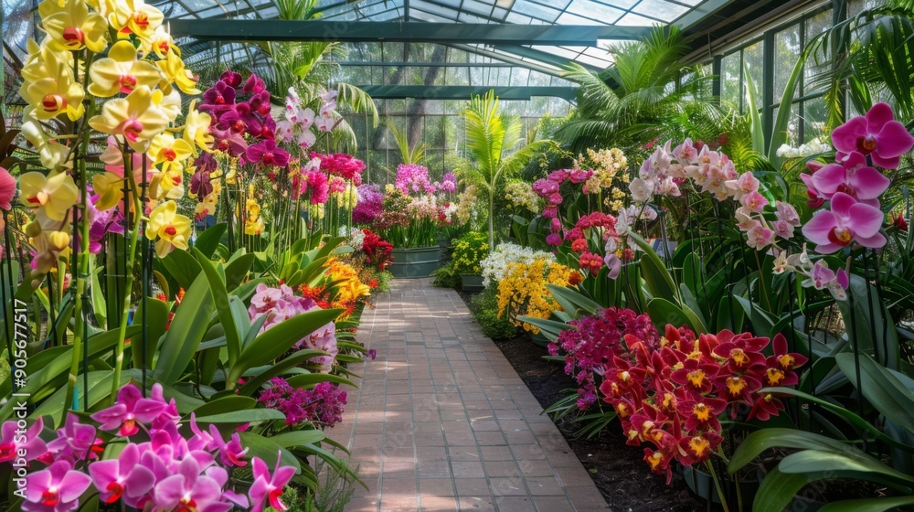 Aufkleber A tropical conservatory showcases a vibrant array of orchids in various colors lining a cobblestone pathway under a glass roof.