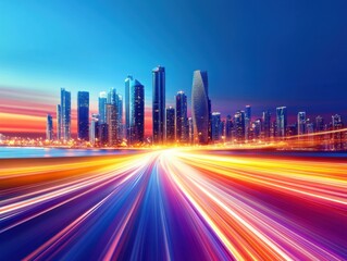 Fototapeta premium Vibrant cityscape at dusk with trails of light from moving traffic
