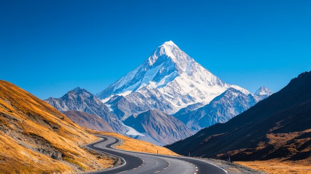 A rugged mountain pass with a winding road, snow-capped peaks, and a clear blue sky, ultra HD