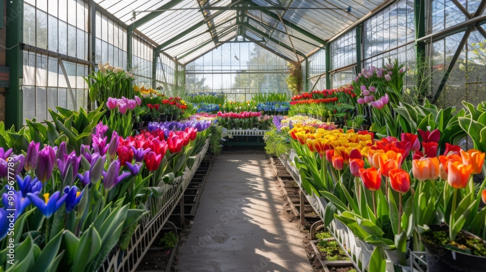 Poster a vibrant array of tulips in diverse colors fills the greenhouse, showcasing the beauty of spring fl