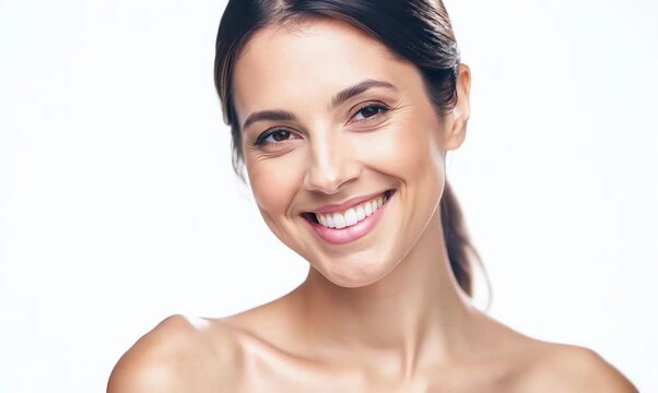 Portrait of a beautiful young woman smiling at the camera on a white background