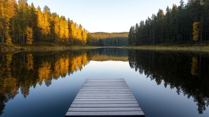 A serene forest lake with still water, reflections of trees, and a wooden pier, ultra HD