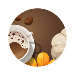 Round autumn background with a cup of hot coffee. Vector background illustration. Brown autumn background in a white frame
