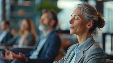 Business professionals meditating during a company workshop, focusing on mindfulness and mental well-being in a corporate setting.