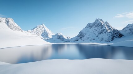 Obraz premium A snowy mountain range with jagged peaks, a frozen lake, and a clear, crisp winter sky, ultra HD