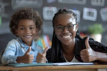 Tutoring and mentorship concept. Black female teacher and happy schoolboy gesturing thumbs up and smiling sitting at desk in class, Generative AI