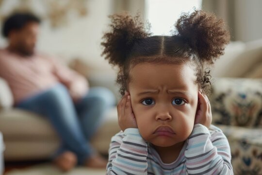 Black baby girl covering ears while her parents arguing on background, depressed child feeling lonely in living room at home, Generative AI