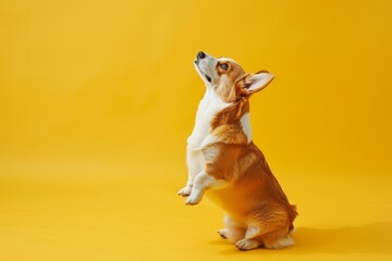 Side view of cute corgi dog standing on hind legs and listening owner's commands, looking at free space isolated on yellow studio background, Generative AI