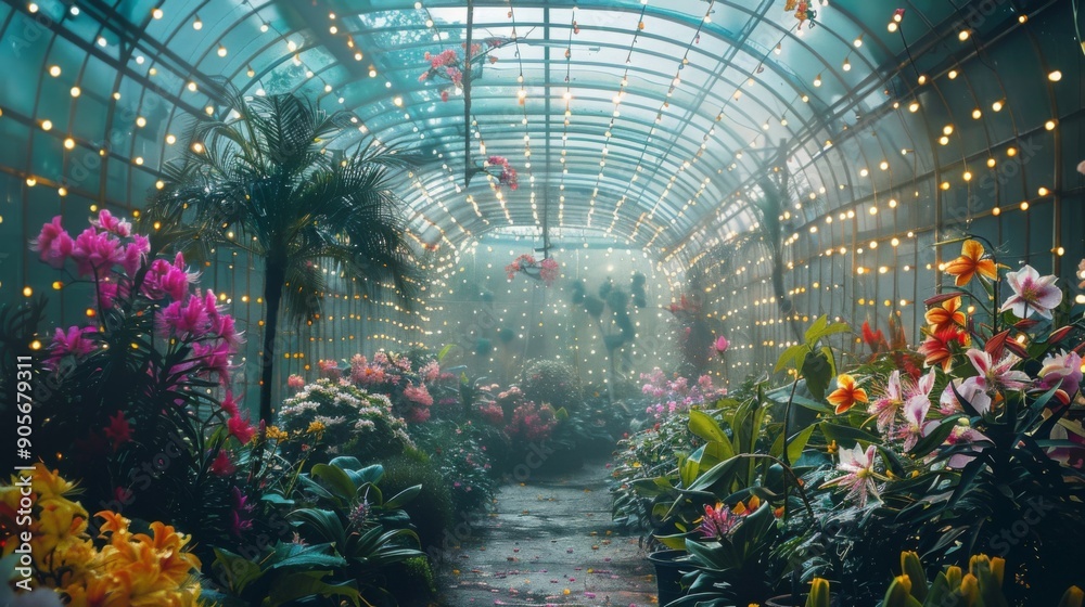 Poster a vibrant indoor garden displays a variety of colorful flowers illuminated by soft string lights dur