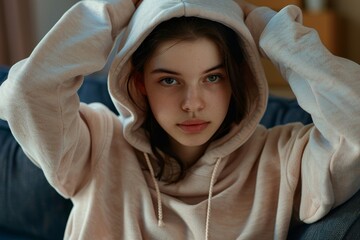 Stubborn teenage girl putting hood on head avoiding mom apology, ignoring talk with parent sitting on couch at home. Teen girl introvert hiding in, Generative AI