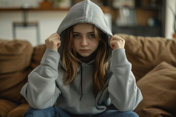 Stubborn teenage girl putting hood on head avoiding mom apology, ignoring talk with parent sitting on couch at home. Teen girl introvert hiding in, Generative AI