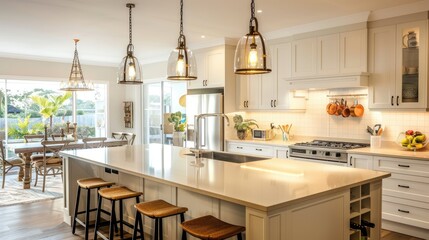 A bright suburban kitchen with a large island, bar seating, and pendant lights hanging above.