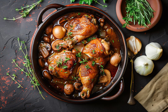 Coq au vin or rooster, cock with wine.  French dish of chicken braised with red wine.