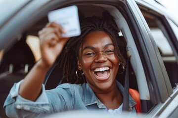 Excited woman sitting in her car and showing new driver license, celebrating driving school finish, passed exam, bought car, sitting inside of vehicle, Generative AI
