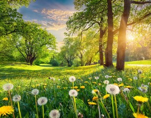 Spring Nature scene. Beautiful Landscape. Park with dandelions, Green Grass, Trees and flowers. Tranquil Background, sunlight. Scenic beauty meadow backdrop