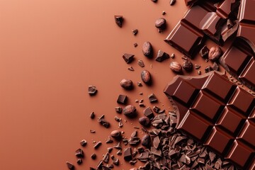 Broken Chocolate Bar With Cocoa Beans and Chocolate Pieces on Brown Background