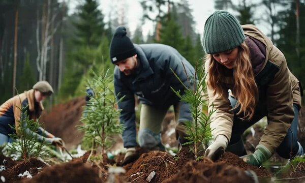 Volunteers Planting Trees in a Forest for Reforestation
- nature, environment, green, conservation, teamwork