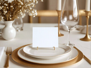 Elegant dining table setting with blank white menu mockup laying on plate. Restaurant paper invitation card template with copy space for weddings, romantic dinner
