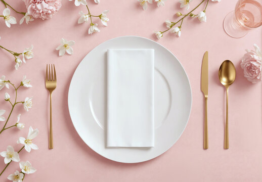 Elegant dining table setting with blank white menu mockup laying on plate. Restaurant napkin invitation card template with copy space for weddings, romantic dinner