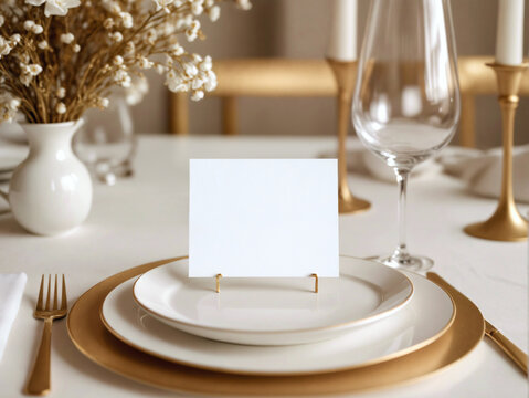 Elegant dining table setting with blank white menu mockup laying on plate. Restaurant paper invitation card template with copy space for weddings, romantic dinner - Powered by Adobe