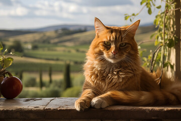 Fluffy ginger cat resting on a ledge overlooking a scenic countryside vineyard with soft light